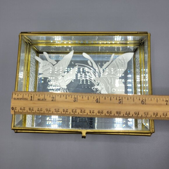 Vintage Flambro Glass Jewelry Box Etched Butterfly Design Brass Frame Taiwan - Picture 14 of 16